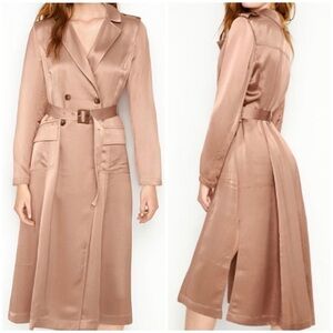 🌟 NWOT VS Beige Long Satin Double-Breasted Trench Coat Robe with Belt Tie Waist